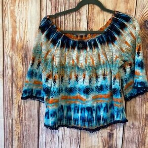 New Directions SZ Medium Pullover Multi Color Blouse‎ with Crochet around Bottom